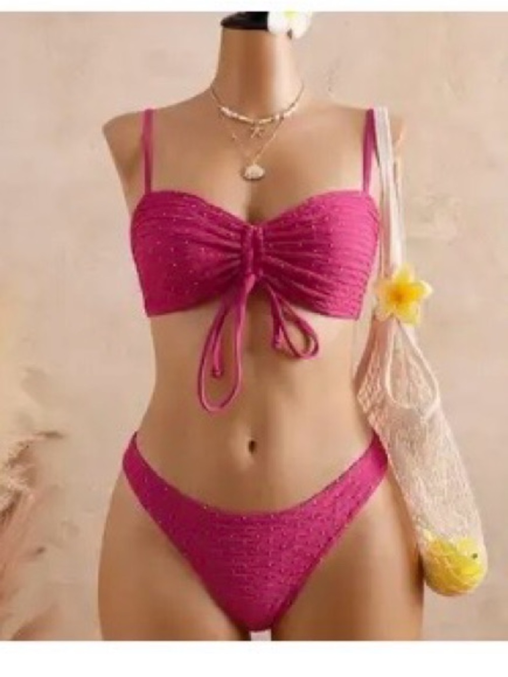Women's Fuchsia Tie-Front Textured Bikini Set fits size M/L